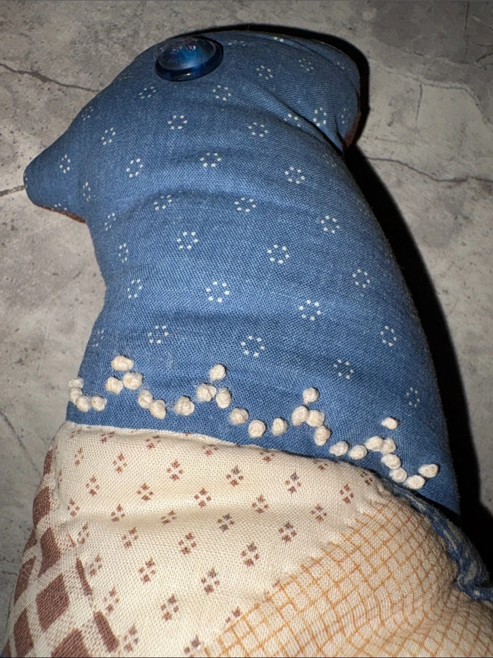 Vintage 90s Patchwork Quilted Chicken  Accent Pillow in Blue and Brown Handmade